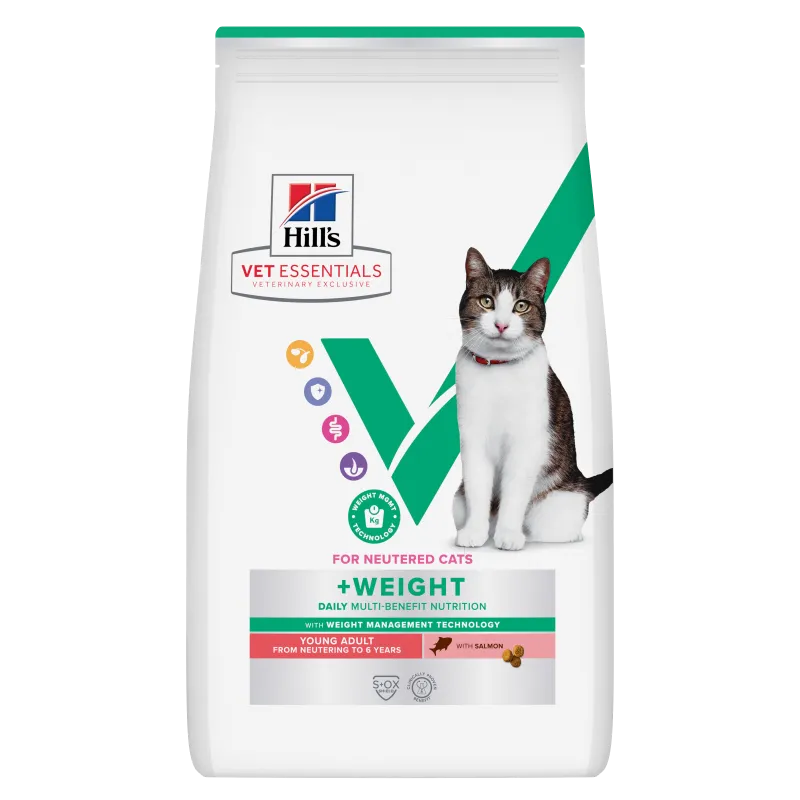 HILL'S VET ESSENTIALS For Neutered Cats +Weight Daily Multi-Benefit Young Adult from Neutering to 6 years au saumon pour chat - Sac de 3 kg